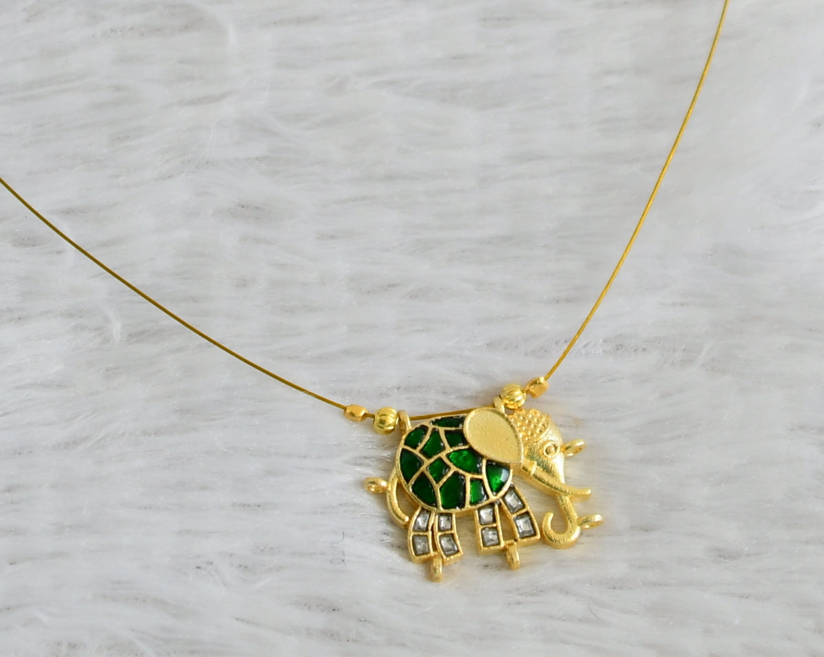 Gold tone green-white kundan jadau elephant invisible necklace dj-48713