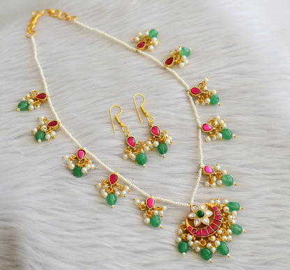 Gold tone pink-green-white pearl green beaded moon flower kundan jadau necklace set dj-45270