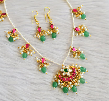 Gold tone pink-green-white pearl green beaded moon flower kundan jadau necklace set dj-45270