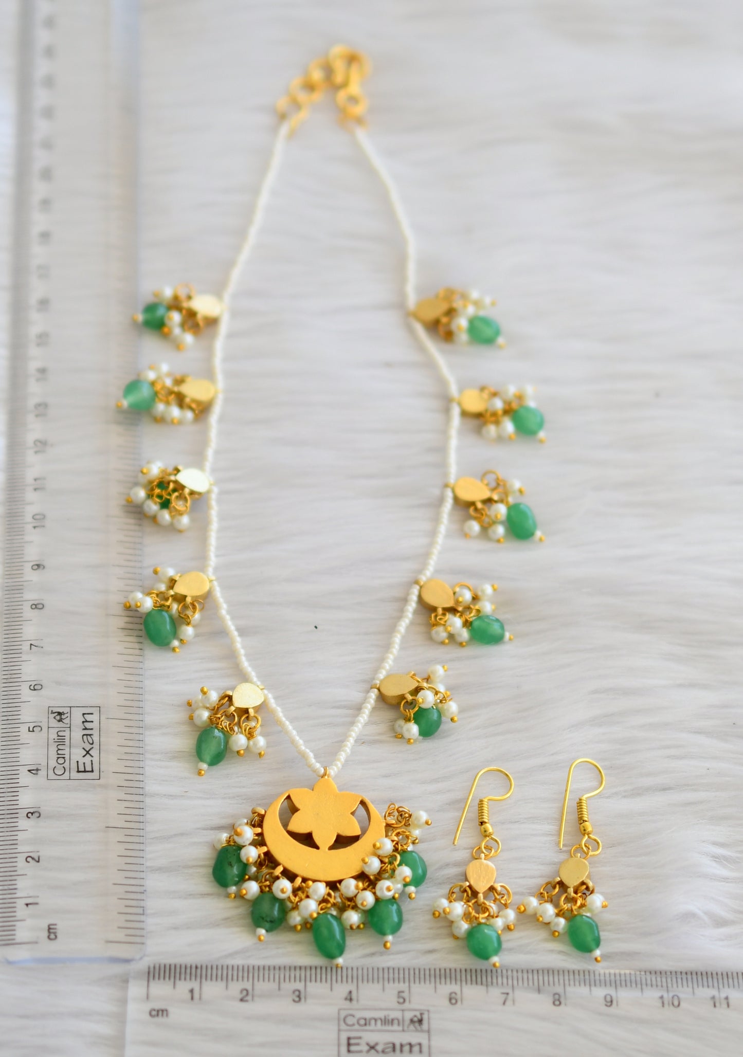 Gold tone pink-green-white pearl green beaded moon flower kundan jadau necklace set dj-45270