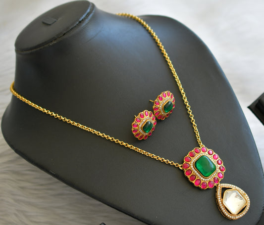 Gold tone pink-green-white block stone kundan jadau pendant set dj-45271