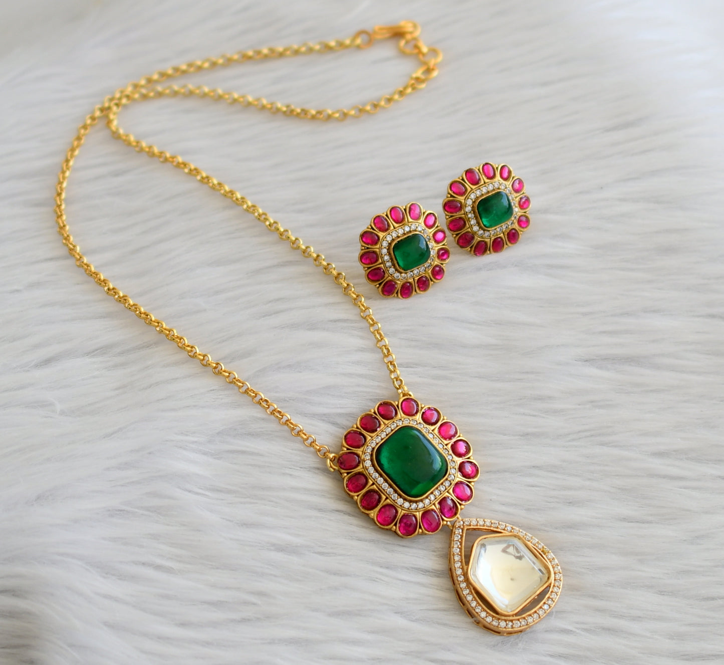 Gold tone pink-green-white block stone kundan jadau pendant set dj-45271