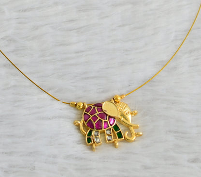 Gold tone pink-green-white kundan jadau elephant invisible necklace dj-48715