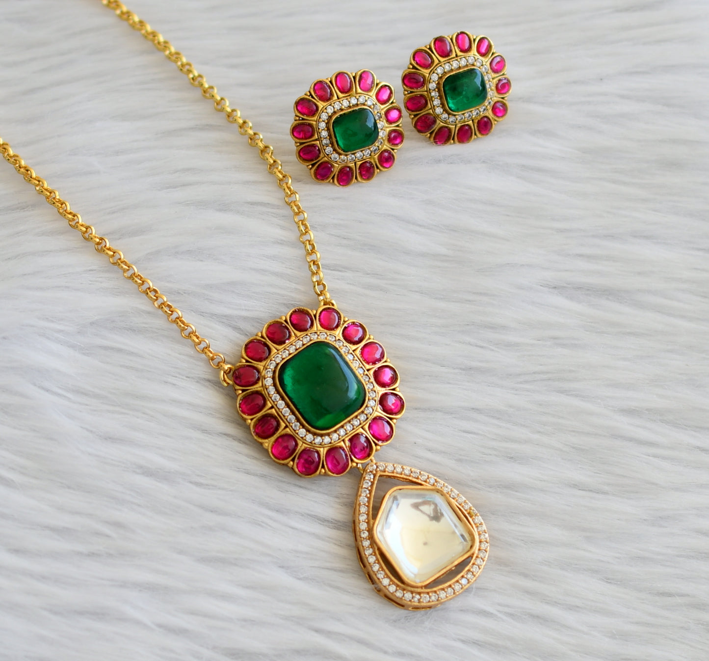 Gold tone pink-green-white block stone kundan jadau pendant set dj-45271