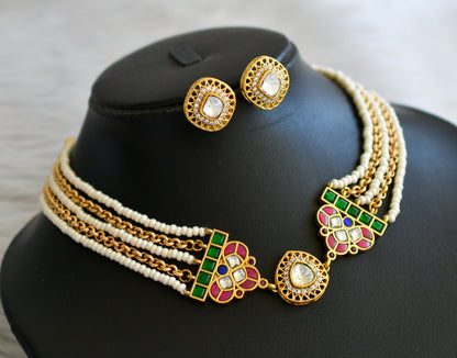 Gold tone pink-green-white-blue pearl kundan jadau choker necklace set dj-45275