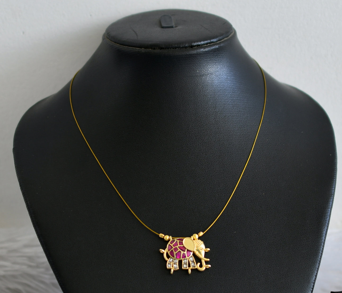 Gold tone pink-white kundan jadau elephant invisible necklace dj-48716