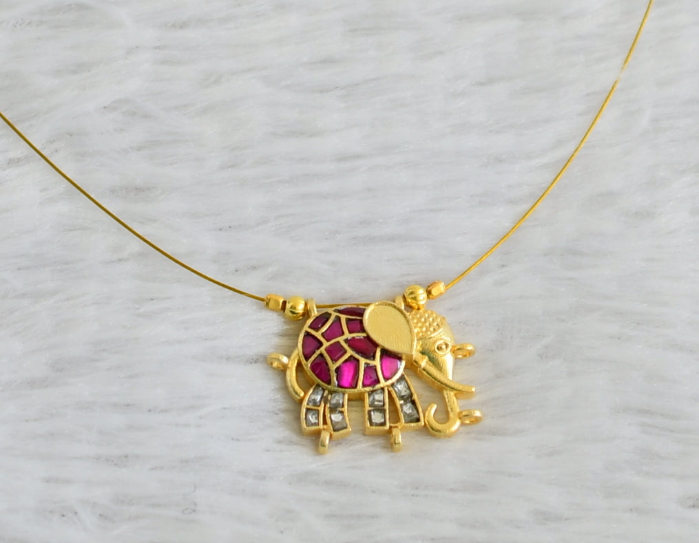 Gold tone pink-white kundan jadau elephant invisible necklace dj-48716