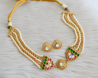Gold tone pink-green-white-blue pearl kundan jadau choker necklace set dj-45275
