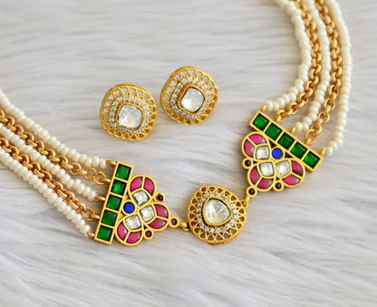 Gold tone pink-green-white-blue pearl kundan jadau choker necklace set dj-45275