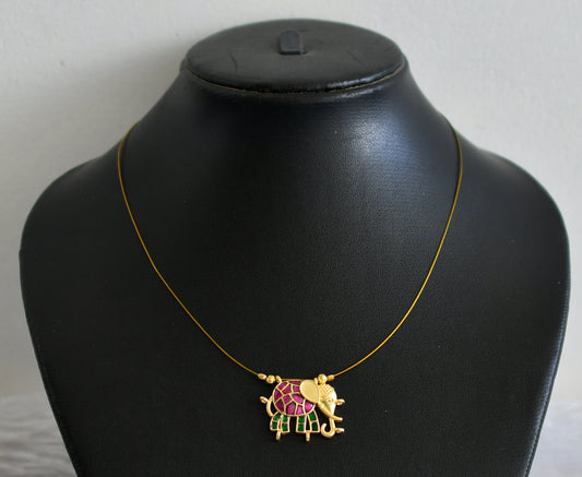 Gold tone pink-green kundan jadau elephant invisible necklace dj-48712