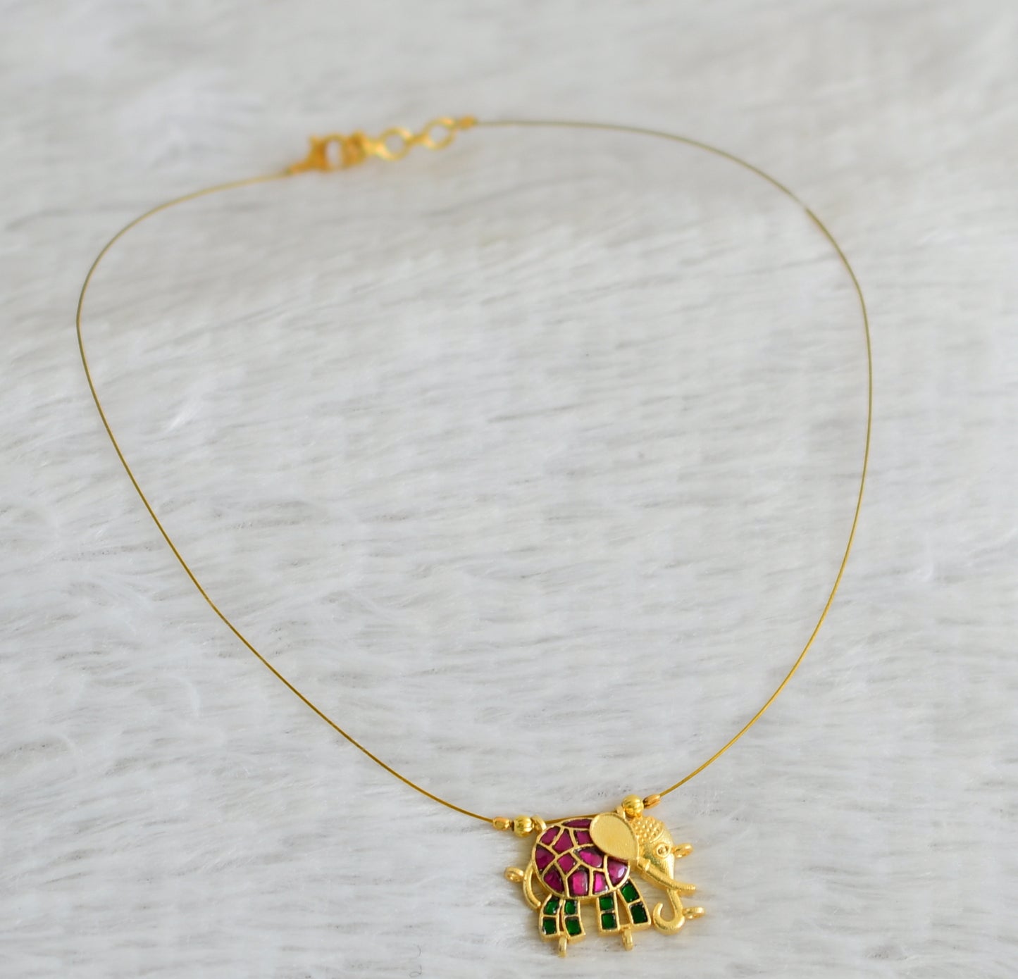 Gold tone pink-green kundan jadau elephant invisible necklace dj-48712