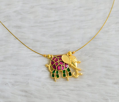 Gold tone pink-green kundan jadau elephant invisible necklace dj-48712