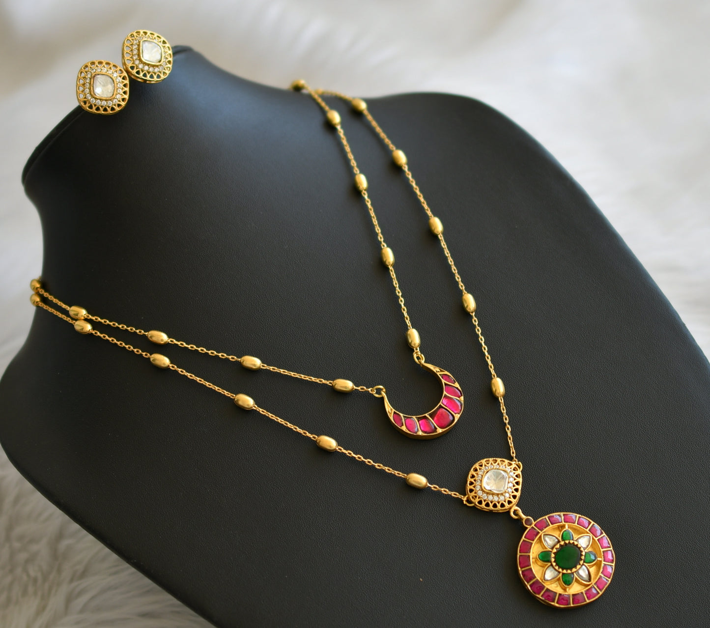 Gold tone pink-green-white double layer kundan jadau necklace set dj-45273