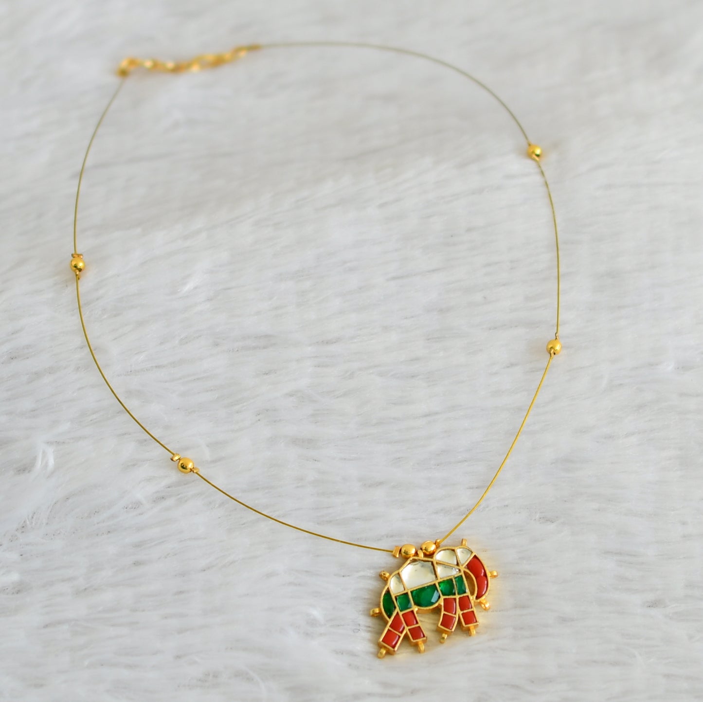 Gold tone coral-green-white kundan jadau elephant invisible necklace dj-48706