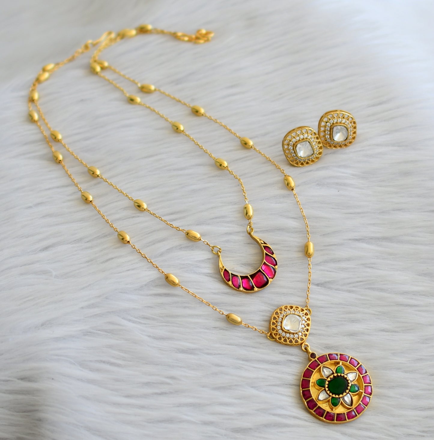 Gold tone pink-green-white double layer kundan jadau necklace set dj-45273