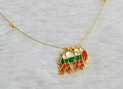 Gold tone coral-green-white kundan jadau elephant invisible necklace dj-48706