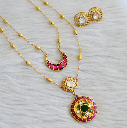 Gold tone pink-green-white double layer kundan jadau necklace set dj-45273