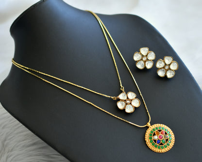 Gold tone white-navarathna double layer flower kundan jadau necklace set dj-45272