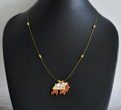 Gold tone coral-white kundan jadau elephant invisible necklace dj-48705