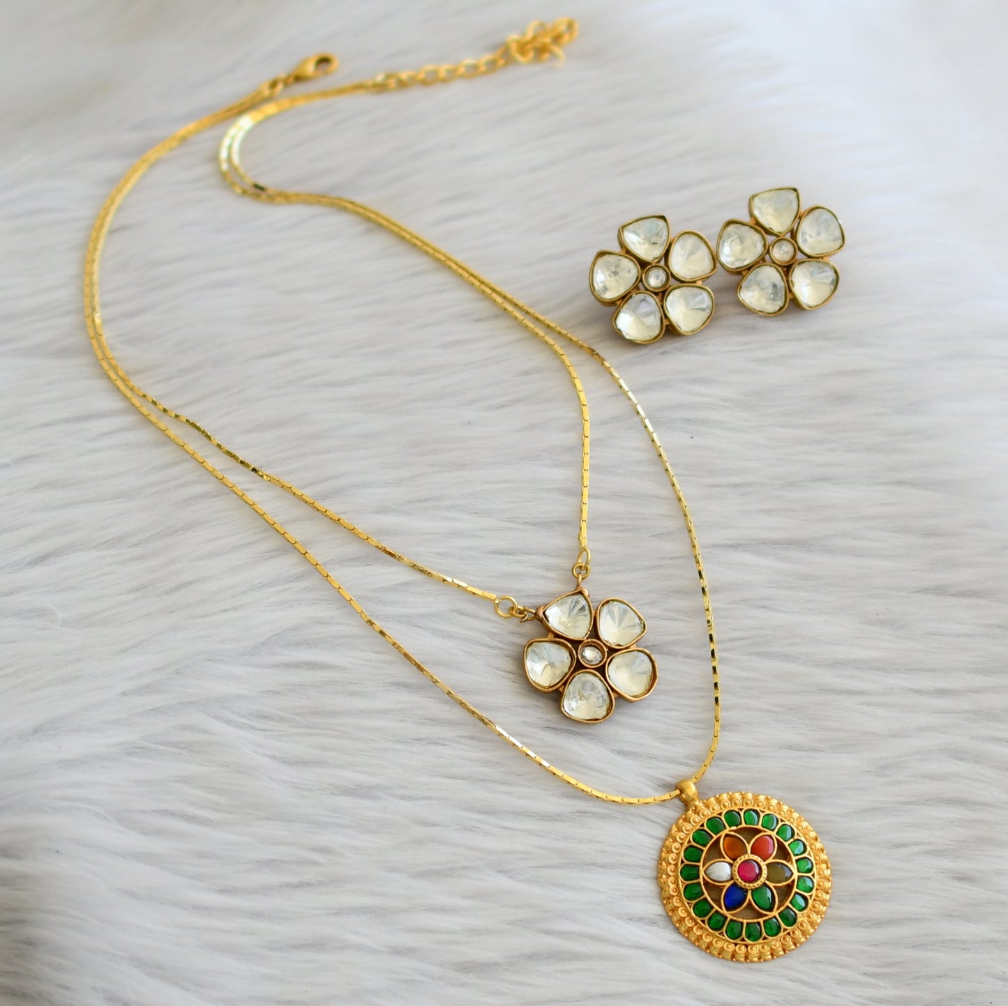 Gold tone white-navarathna double layer flower kundan jadau necklace set dj-45272