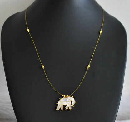 Gold tone pearl white kundan jadau elephant invisible necklace dj-48703