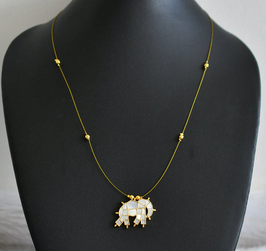 Gold tone pearl white kundan jadau elephant invisible necklace dj-48703