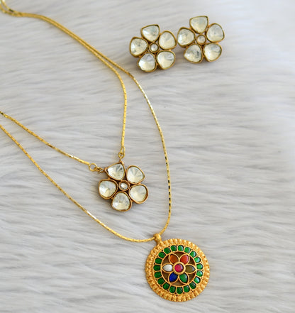 Gold tone white-navarathna double layer flower kundan jadau necklace set dj-45272