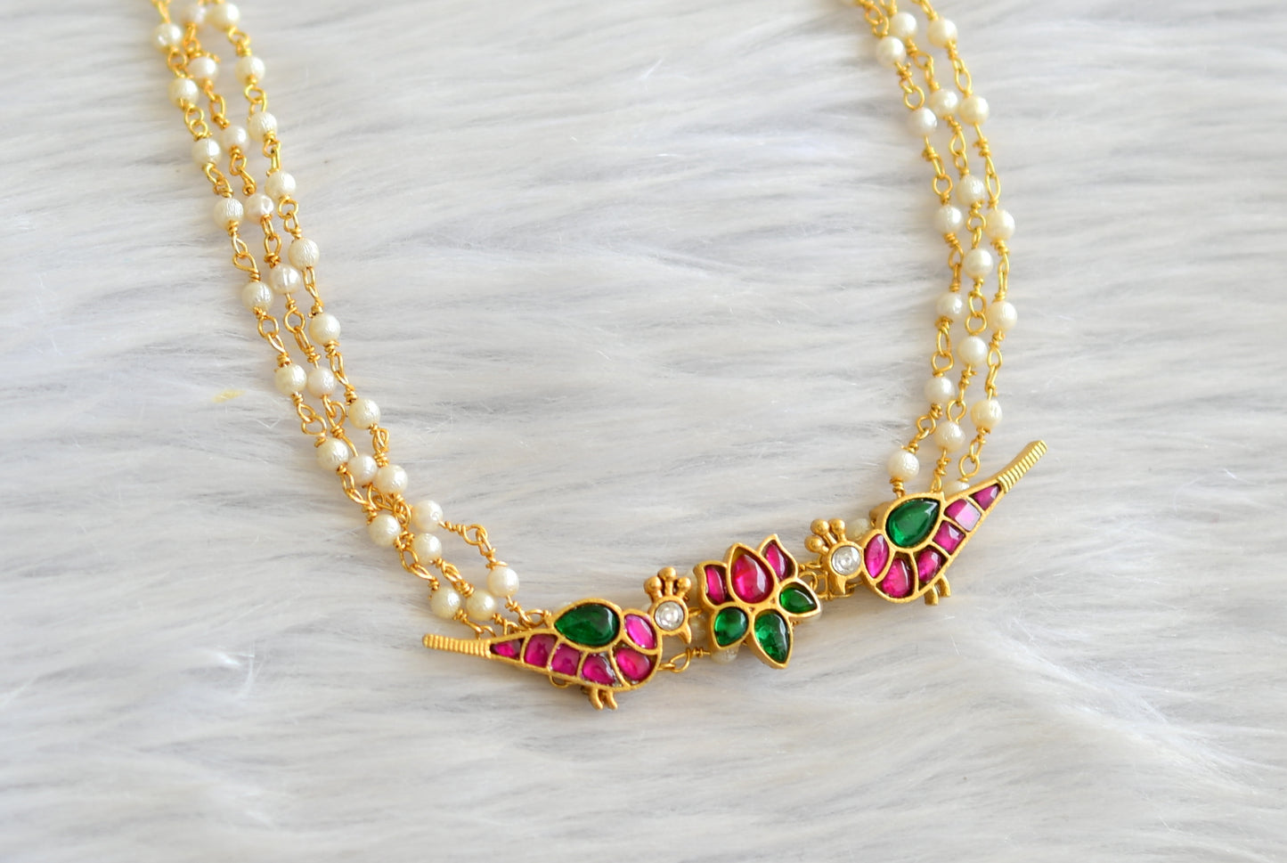 Gold tone pink-green kundan jadau lotus bird choker necklace set dj-43625