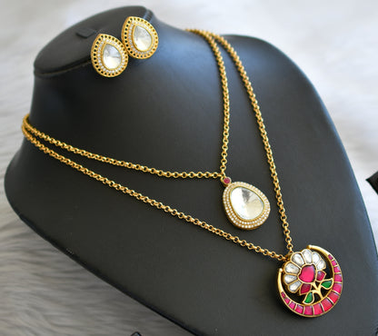 Gold tone pink-green-white moon flower double layer kundan jadau necklace set dj-45274