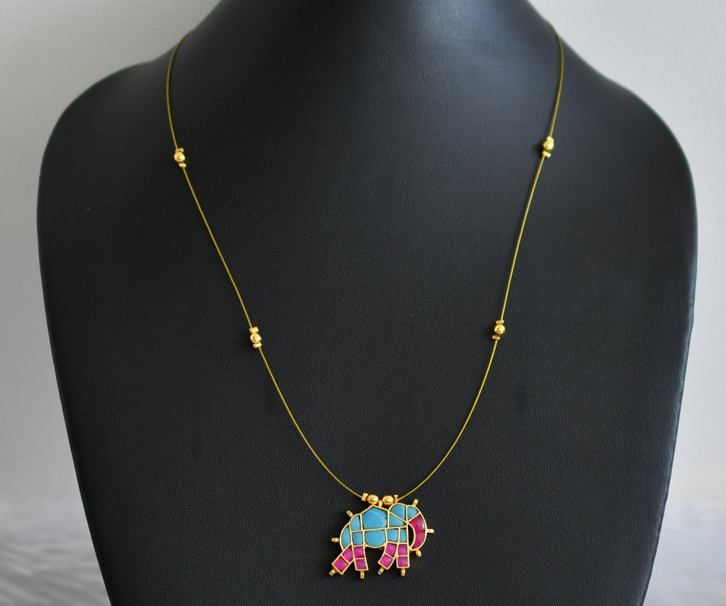 Gold tone pink-turquoise blue kundan jadau elephant invisible necklace dj-48707