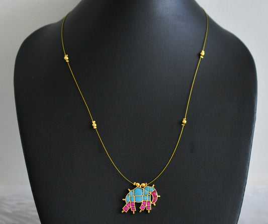 Gold tone pink-turquoise blue kundan jadau elephant invisible necklace dj-48707