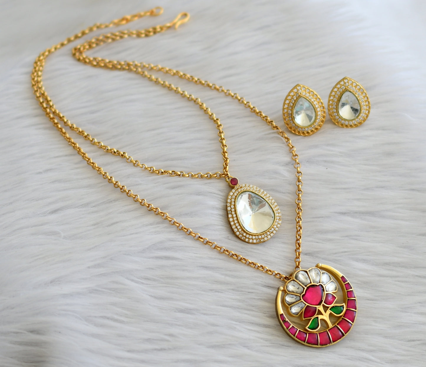 Gold tone pink-green-white moon flower double layer kundan jadau necklace set dj-45274