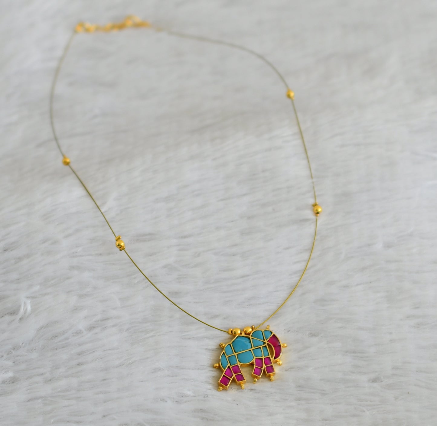 Gold tone pink-turquoise blue kundan jadau elephant invisible necklace dj-48707