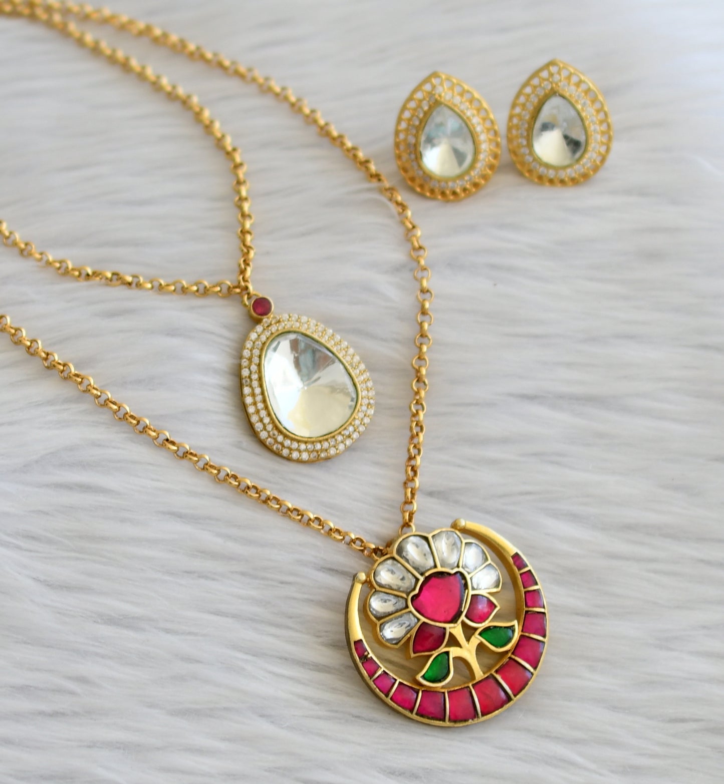 Gold tone pink-green-white moon flower double layer kundan jadau necklace set dj-45274