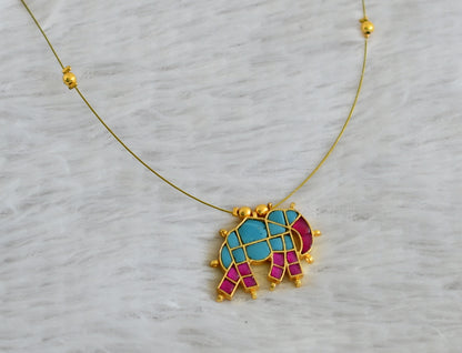 Gold tone pink-turquoise blue kundan jadau elephant invisible necklace dj-48707