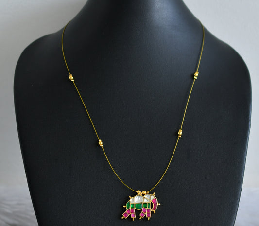 Gold tone pink-green-white kundan jadau elephant invisible necklace dj-48708