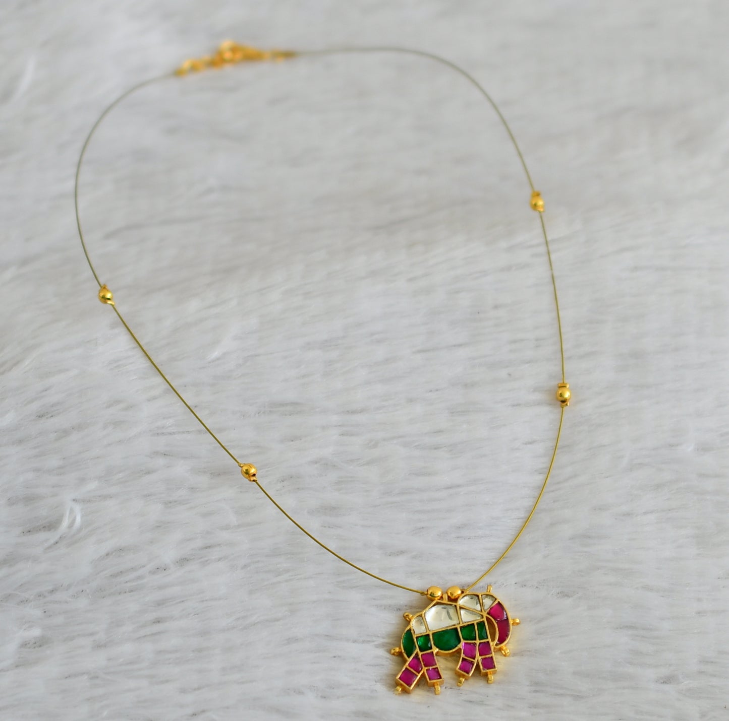 Gold tone pink-green-white kundan jadau elephant invisible necklace dj-48708