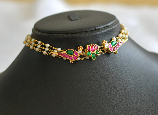 Gold tone pink-green kundan jadau lotus bird choker necklace set dj-43625