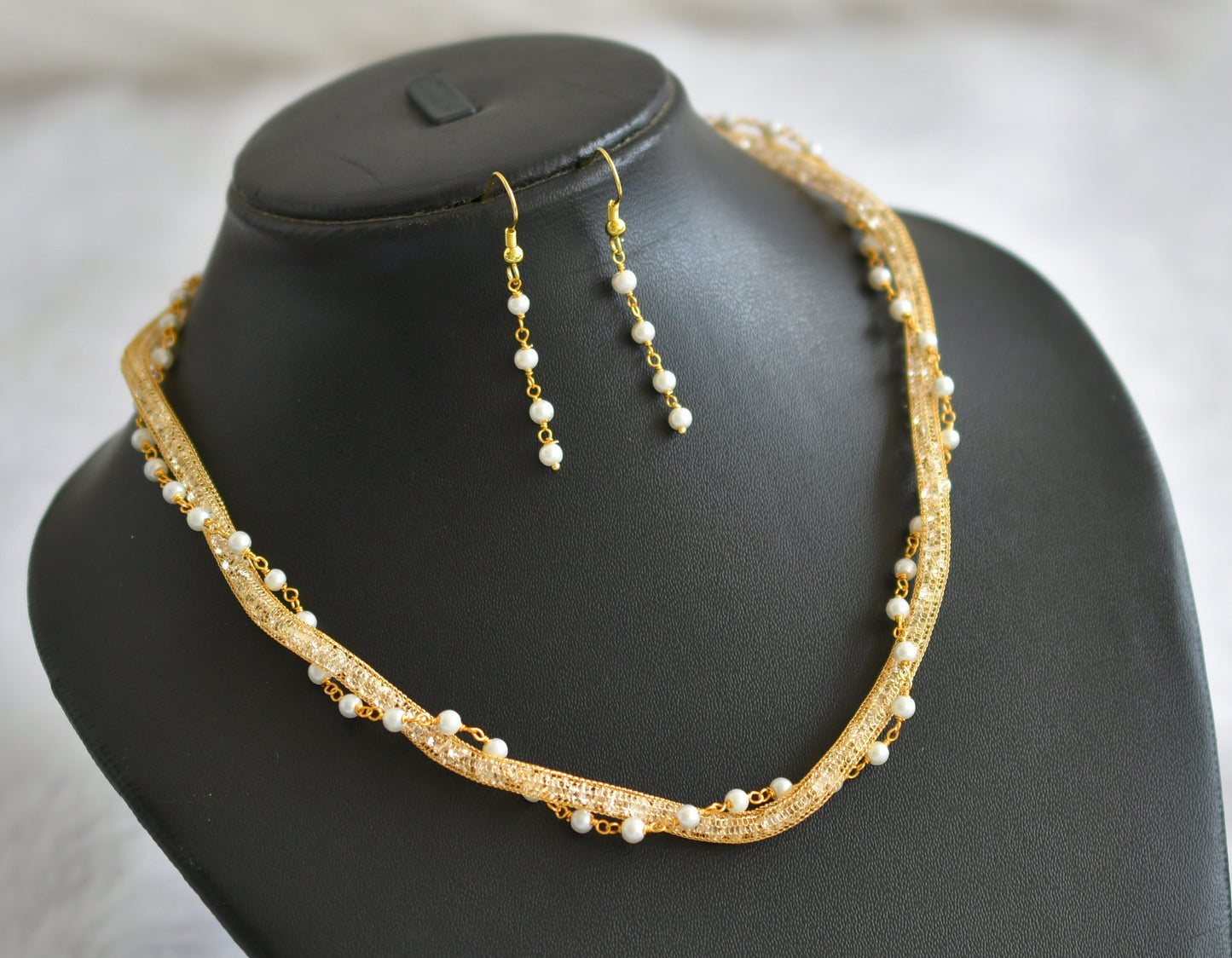 Gold tone pearl-stone chain necklace set dj-46952