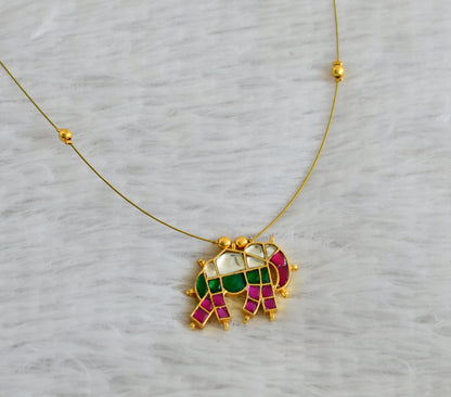 Gold tone pink-green-white kundan jadau elephant invisible necklace dj-48708