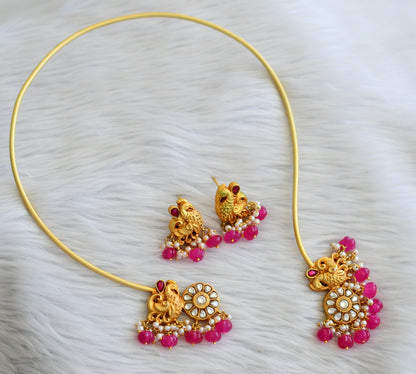 Matte finish pink-white pumpkin bead peacock kundan jadau hasli necklace set dj-45276