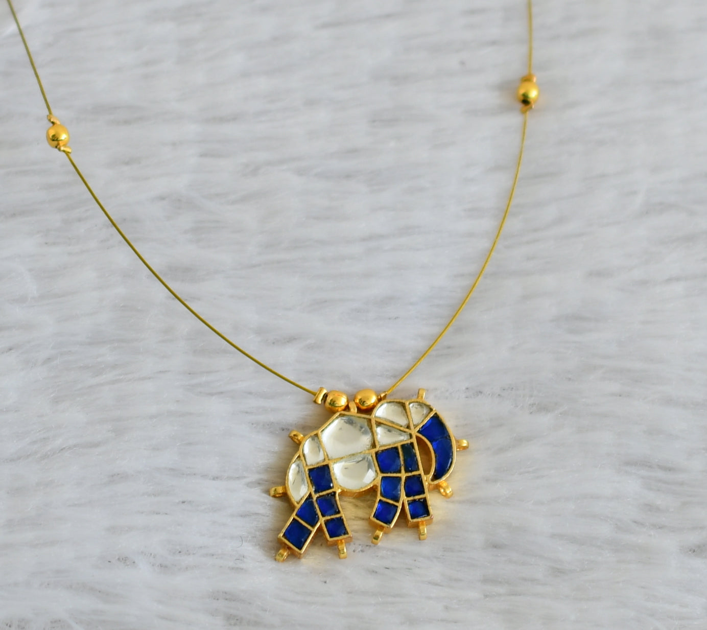 Gold tone blue-white kundan jadau elephant invisible necklace dj-48709