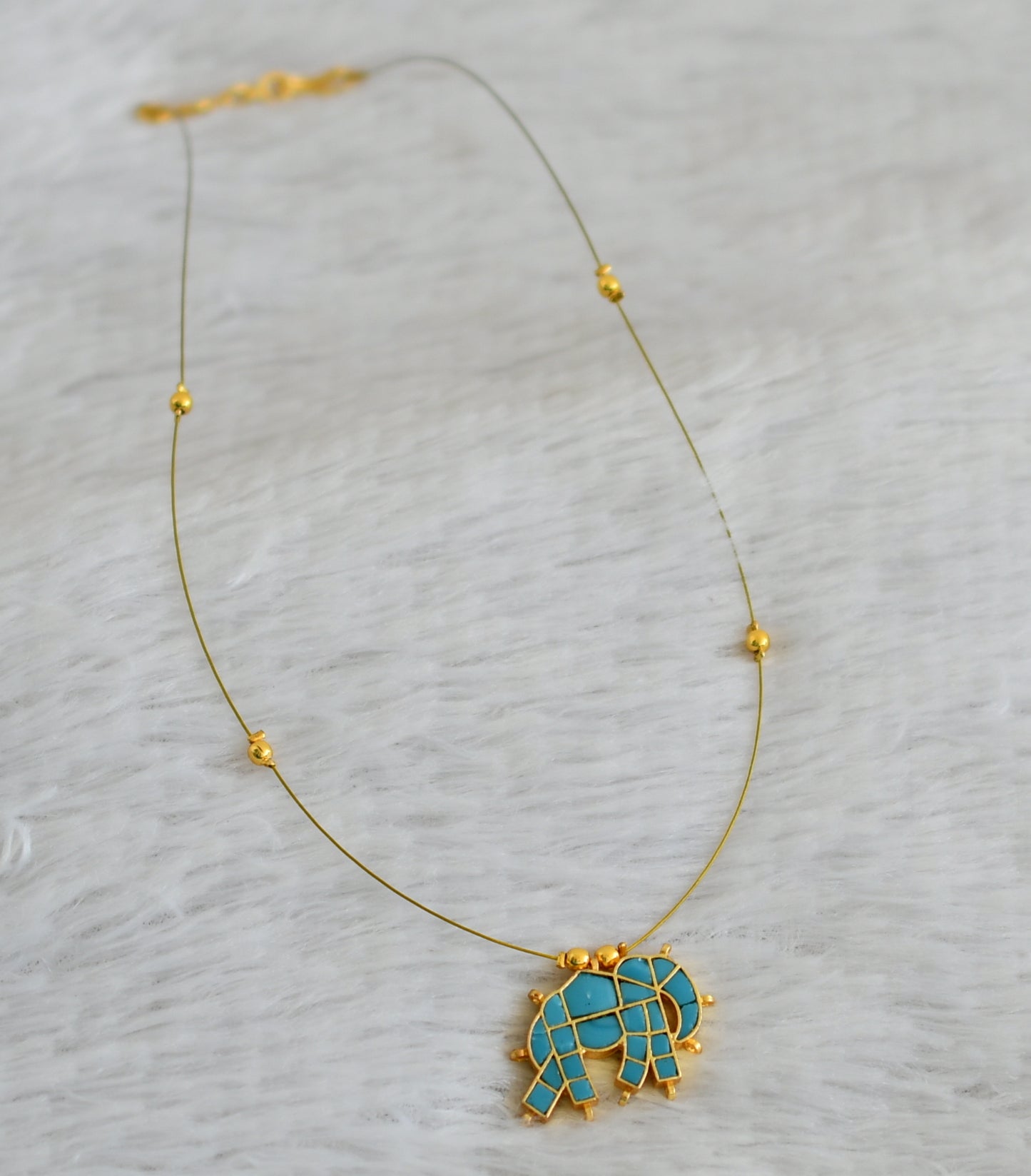 Gold tone turquoise blue kundan jadau elephant invisible necklace dj-48704