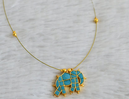 Gold tone turquoise blue kundan jadau elephant invisible necklace dj-48704