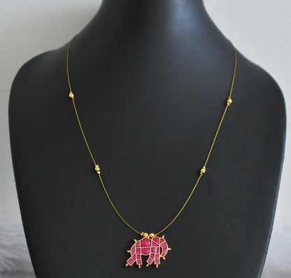 Gold tone pink kundan jadau elephant invisible necklace dj-48702