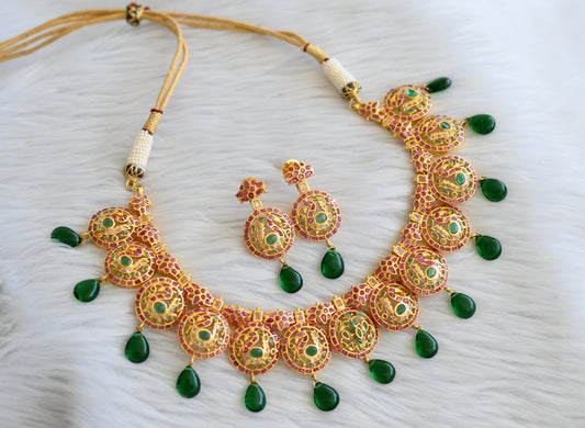 Gold tone semi precious ruby-emerald uncut polki stone green bead peacock necklace set dj-45277