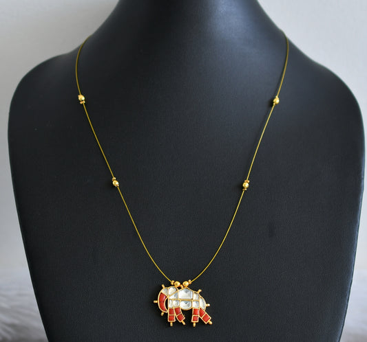 Gold tone coral-white kundan jadau elephant invisible necklace dj-48695