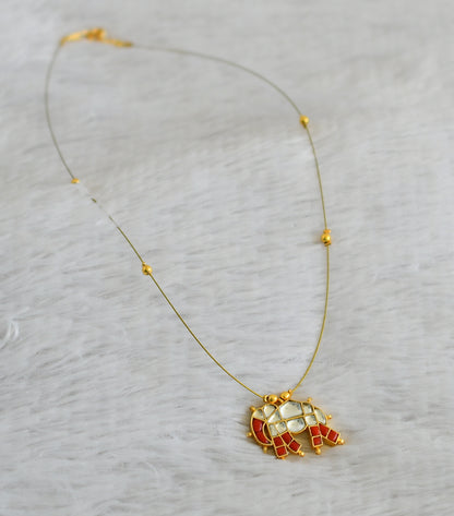 Gold tone coral-white kundan jadau elephant invisible necklace dj-48695