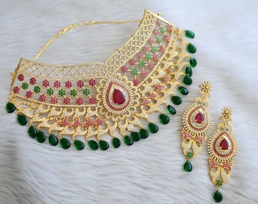 Gold tone cz ruby-emerald-white green beaded bridal choker necklace set dj-45278