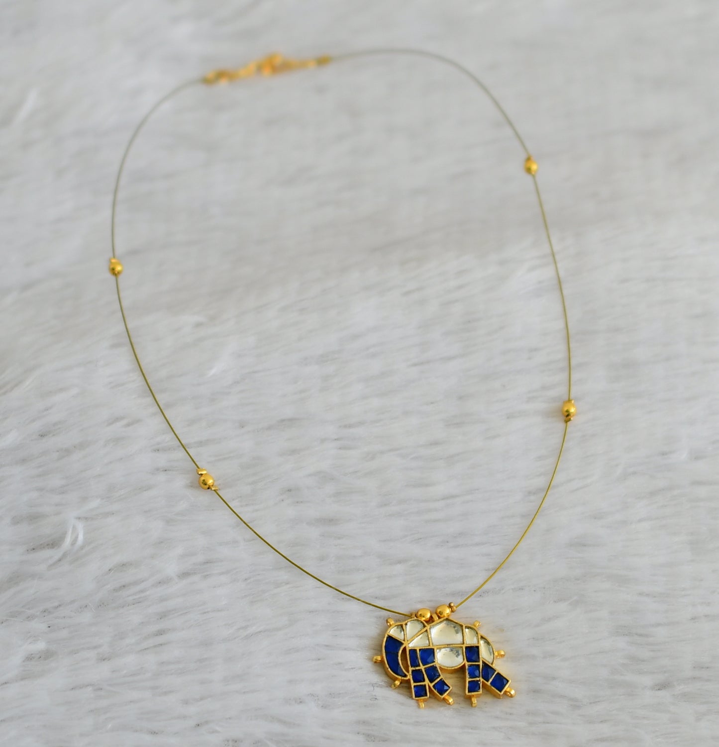 Gold tone blue-white kundan jadau elephant invisible necklace dj-48697